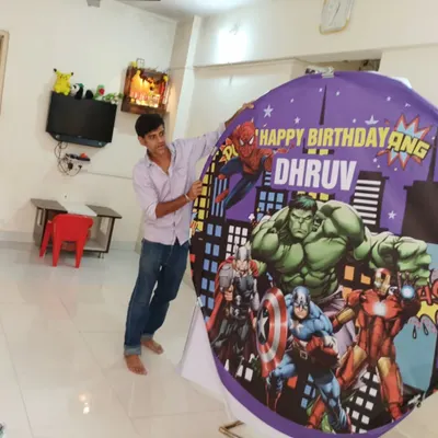 Work mode ON. Here I am setting up the backdrop for an Avengers theme party in Borivali. We ensure every detail is perfect before the guests arrive.