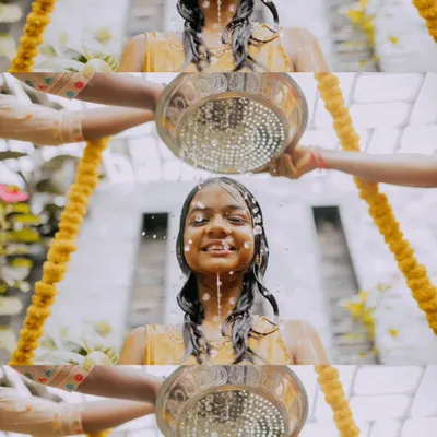 A collage capturing the joyful moments of a Mangala Snaanam, a traditional part of the Haldi ceremony.