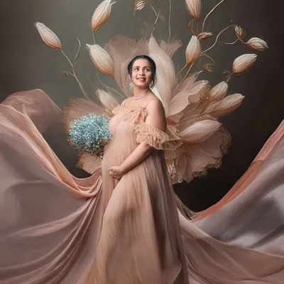 An example of our creative editing services. We combined a studio portrait with digital elements to create this stunning, artistic image with a large, ethereal flower.