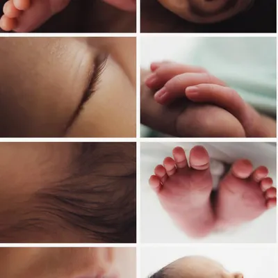 A collage showcasing the beautiful details we capture in every session: tiny feet, wispy hair, delicate eyelashes, and the curve of an ear.