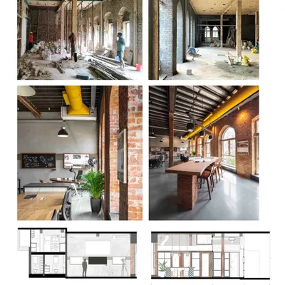 The transformation of The Loft. The top images show the space as we found it, stripped back to its raw structure. The bottom images show the finished studio, with exposed brick, a new mezzanine, and an open layout that honors the building's industrial past.