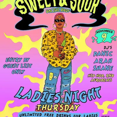 The vibe for our 4th edition of Sweet & Sour. The custom artwork and guest-list-only approach create an exclusive feel for our weekly rooftop hip-hop and afrobeats party.