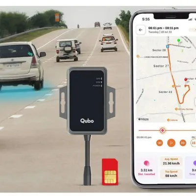 Gain complete peace of mind with our real-time GPS vehicle trackers. This image shows the Qubo tracker and its companion mobile app, which allows you to see your car's live location, review trip history, and monitor speed, all from your smartphone.