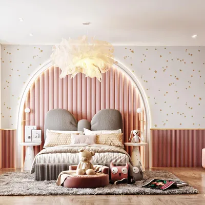 A charming girl's bedroom in shades of pink and grey. The design features an arched, fluted headboard with backlighting, a feathered light fixture, and a cozy window seat.