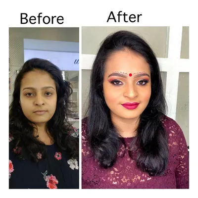 This before and after shows the power of makeup to define and dramatize. I created a bold Bengali-inspired look with sharp eyes, a bright red bindi, and a deep pink lip.