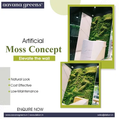 Elevate your wall with an artificial moss concept. This design offers a natural look, is cost-effective, and is low-maintenance, perfect for making a lasting impression in a reception or lobby area.