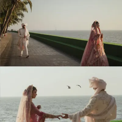 A two-part story of a first look by the sea. The groom walks towards his bride, and they reach for each other's hands, a simple, beautiful moment with the ocean as their witness.