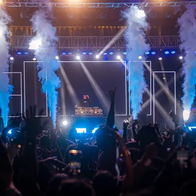 The view from my stage at RGIT Mumbai. This is the epic scale I bring to college festivals, complete with CO2 jets and a crowd that's ready to party.