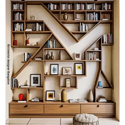 A highly creative and artistic bookshelf designed to make a statement. The geometric, asymmetric shelves create a dynamic visual effect, turning a simple storage unit into a piece of wall art.