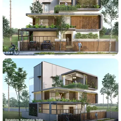 A modern home in Bangalore featuring a multi-layered facade with wooden screens and green balconies. This project showcases a contemporary approach to urban residential architecture.
