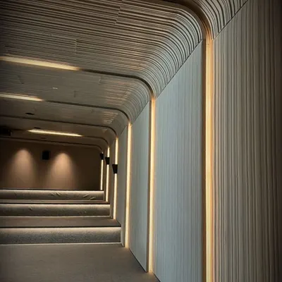 The entrance to a home theater, where curved, fluted walls and integrated strip lighting create a gentle, flowing path into the immersive space. The design focuses on creating a tranquil and refined cinematic environment.