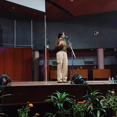 One of our poets captivating the audience at IIT Delhi's literary fest. Performing in large auditoriums for student audiences is one of our specialties.