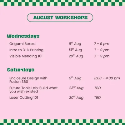 Our August workshop calendar was packed with a mix of creative and tech-focused sessions, from Origami and Visible Mending to 3D Printing and Laser Cutting. We offer a diverse range of activities to suit any team's interests.