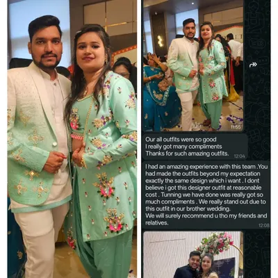 This is why we love what we do. This image shows not only our clients looking fantastic in their custom-made mint green outfits but also the wonderful review they sent us. We are so grateful for their trust and thrilled they received so many compliments.