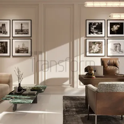 An effective workspace elevates creativity and personal style. Here, I used clean lines, a calm neutral palette, and an infusion of natural light to create an office that feels both sophisticated and serene, allowing for clarity of thought. The green marble coffee table adds a point of natural contrast.