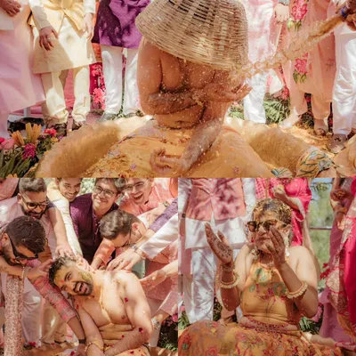 This is what a full-on masti Haldi looks like! I focus on capturing the energy and chaos of friends and family showering the couple with love, turmeric, and flower petals.