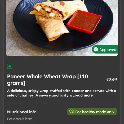 My Paneer Whole Wheat Wrap is a convenient and savory meal for when you're on the go. It's stuffed with seasoned paneer and served with a side of chutney, all wrapped in a healthy whole wheat tortilla.