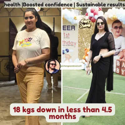 An incredible 18 kg weight loss in less than 4.5 months. This client's post-pregnancy journey focused on hormonal health and building sustainable habits, leading to a complete confidence boost.