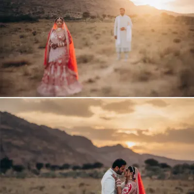 A couple framed by the majestic mountains at sunset. These cinematic, wide-angle shots are perfect for telling a grand love story, making you feel like the main characters in your own film.