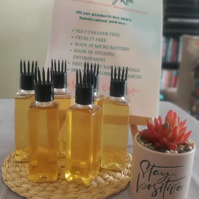 This is my CO2 Herbal Hair Oil, handmade in micro-batches. It contains potent extracts from over 25 herbs, 12 essential oils, and 8 carrier oils, including Black Jamaican Castor Oil. The comb applicator makes it easy to nourish your scalp directly.