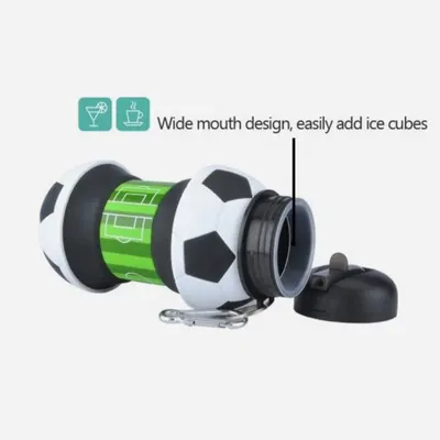 This image shows the clever design of my foldable football-themed bottle. The wide mouth makes it super easy to add ice cubes or clean, and the silicone body is flexible and durable.