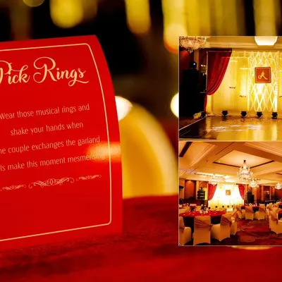 It's the small details that make a wedding personal. This collage shows the beautiful stage decor and a custom sign instructing guests, adding a unique touch to the ceremony.