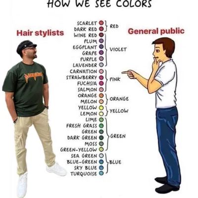How the general public sees colors versus how we, as hairstylists, see them. We are color superheroes, turning hair into a kaleidoscope of awesomeness!