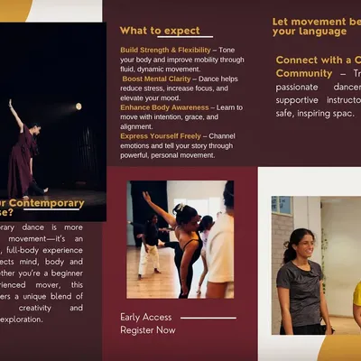 This brochure for our Contemporary Dance Course outlines what you can expect: building strength, boosting mental clarity, and connecting with a creative community.