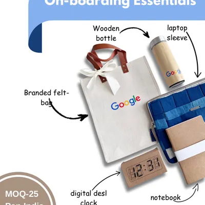 An infographic showcasing the essentials of our onboarding kit for Google. It includes a branded felt bag, wooden bottle, laptop sleeve, and a digital desk clock, all designed to be useful and sustainable.