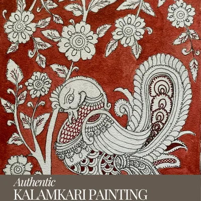 A classic Kalamkari peacock motif, showcasing the delicate line work and earthy palette that define this art form. Our beginner-friendly courses help you master these foundational elements.