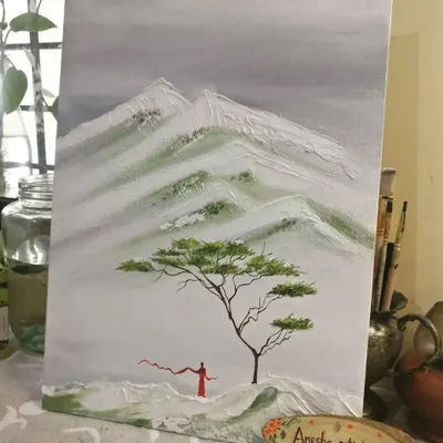 A serene texture painting of a lone figure in a misty mountain landscape. This piece evokes a sense of peace, solitude, and connection with nature.
