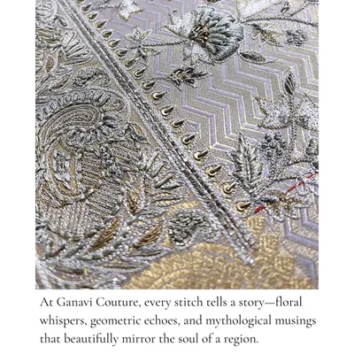 A close-up of the intricate embroidery that is the hallmark of my work. Here you can see the blend of different threads and techniques used to create a rich, textured pattern.