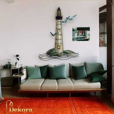 A unique, handcrafted metal lighthouse sculpture, complete with birds and waves. This piece is perfect for a nautical-themed room or for anyone who loves the sea.