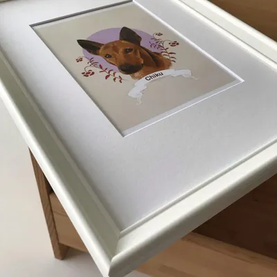 A finished digital portrait of Chiku, professionally matted and framed in white. The matting adds a lovely border that draws the eye to the artwork itself.
