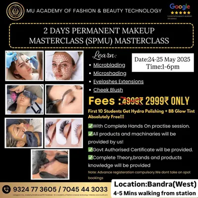 Our 2-day Semi-Permanent Makeup (SPMU) Masterclass poster. Learn microblading, microshading, eyelash extensions, and cheek blush, with a free BB Glow tint for the first 10 students.