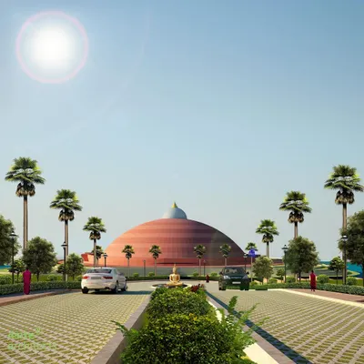 A render showing the main axis leading to the Dhamma Meditation Centre at the DDIBU campus in Tripura. The design uses landscaping and water bodies to create a serene path for students and visitors.