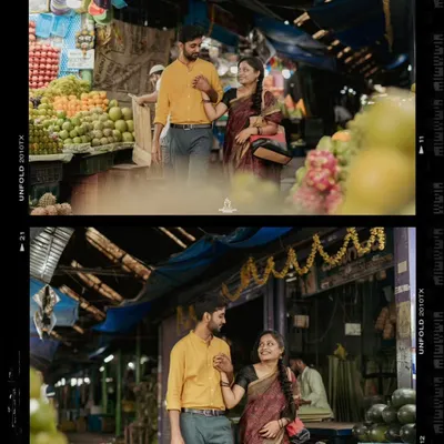 A couple shares a candid moment in a bustling market, captured with a vintage film aesthetic for their pre-wedding shoot.