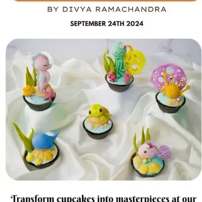 Join my 3D Cupcake Artistry workshop and transform simple cupcakes into masterpieces! This poster shows the under-the-sea theme we created in a recent hands-on class.