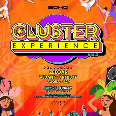 The flyer for Cluster Experience Vol. 3 at Zozo The Club. I played alongside Zeeqar and Vedant for a night of high-energy music and circus-themed visuals.
