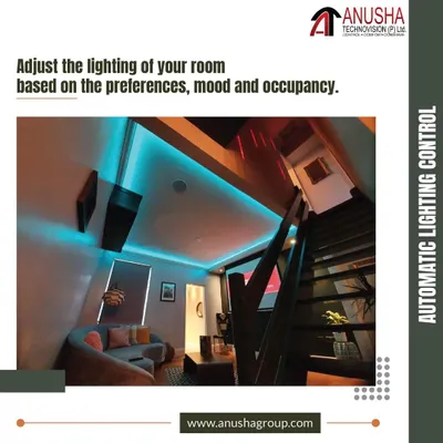 With automatic lighting control, you can instantly change a room's atmosphere. This installation uses accent lighting to highlight architectural features like the staircase, creating a specific mood based on preference or time of day.
