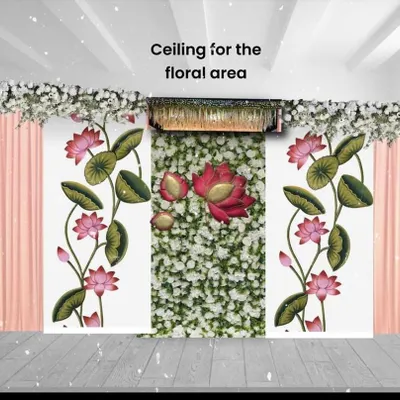 This image shows the digital mockup for a 'Lotus Love' naming ceremony ceiling and backdrop. It's the first step in bringing a creative vision to life.
