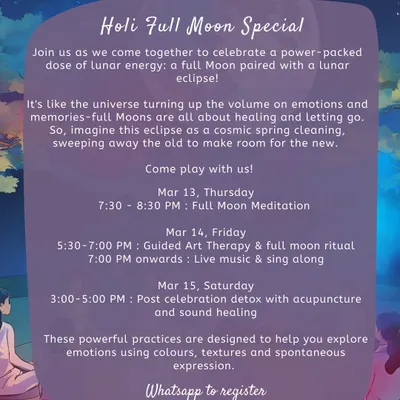 Our Holi Full Moon Special is a three day journey of lunar magic and healing. We use guided art therapy, full moon rituals, live music, and sound healing to help you explore emotions and sweep away the old to make room for the new.