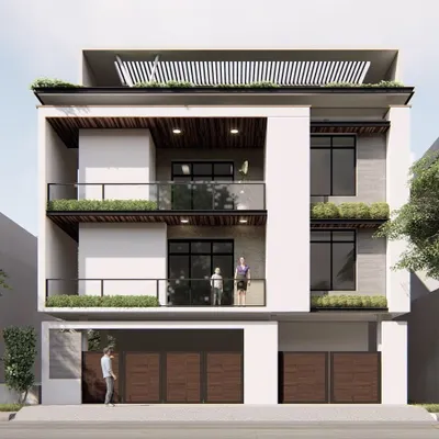 A modern duplex residence featuring deep, cantilevered balconies with integrated planters. The design creates a strong indoor-outdoor connection and uses a simple palette of white, grey, and wood for a clean, sophisticated look.