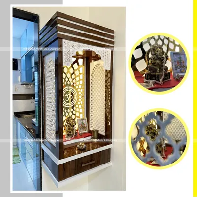 An elegant and compact pooja unit designed for a 1BHK apartment. This wall-mounted mandir features intricate CNC jali work in acrylic, backlighting, and a small drawer for storage, creating a beautiful sacred corner without taking up floor space.