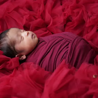 A classic newborn portrait featuring a baby swaddled snugly in a deep red wrap, sleeping peacefully on a bed of matching red tulle. This simple and elegant setup focuses entirely on the baby's serene expression.