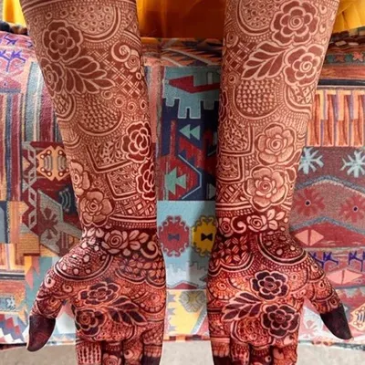 This is the beautiful, mature stain after 24 hours of application. The color is a deep reddish-brown, which is the sign of high-quality, natural henna.