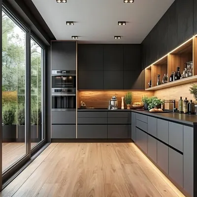 A sleek, modern kitchen with handleless matte black cabinetry and open wooden shelves with integrated lighting. The design connects seamlessly to an outdoor patio, creating a bright and airy cooking space.