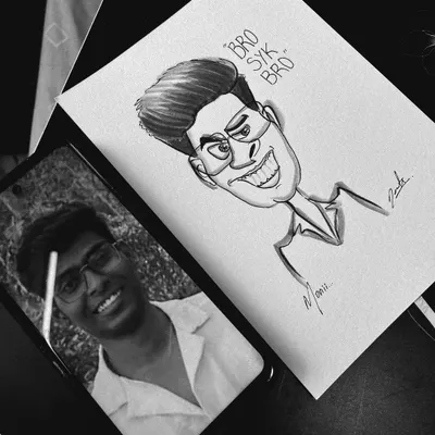 From photo to caricature. This side-by-side shows how I transform a real person's photo into a playful and exaggerated "Bro Syk Bro" artwork.