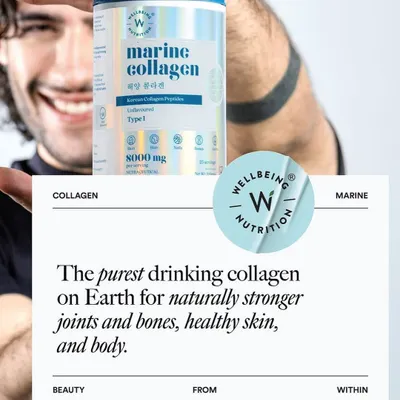 A shot from the Wellbeing Nutrition campaign for their marine collagen. The focus is on the product's benefits, presented clearly with a confident model, making it an effective visual for marketing materials and product pages.