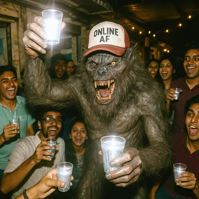 A werewolf wearing an 'ONLINE AF' cap parties with friends. This is from my 'Riyal Life' series, where I drop surreal characters into everyday Indian situations to create funny and strange images.